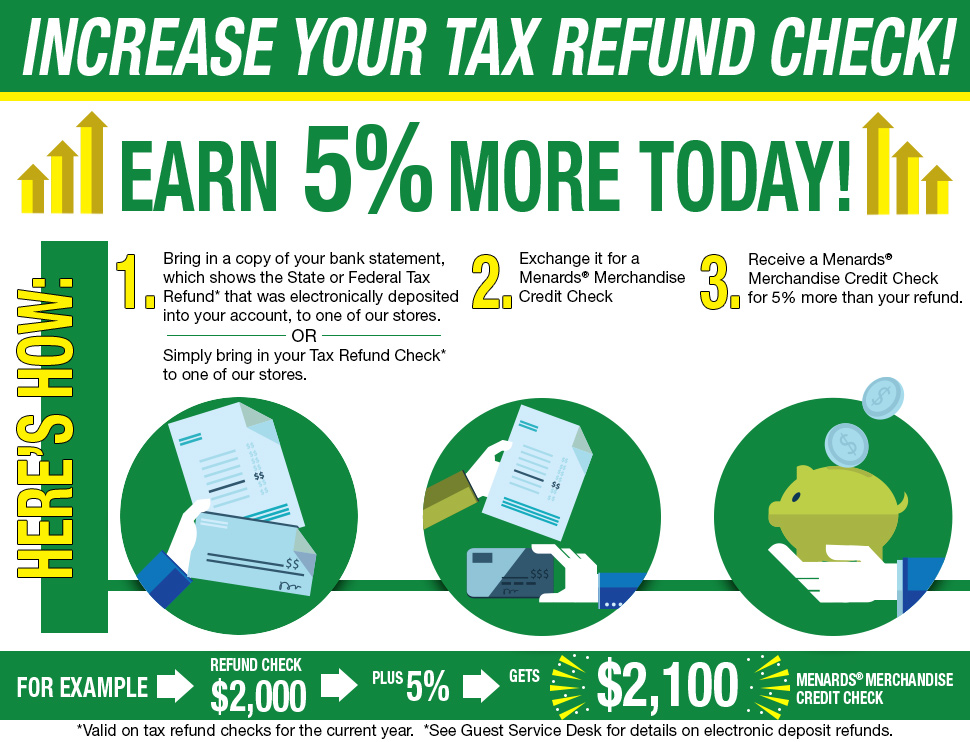 Enjoy your tax refund by picking up some of your favorite Menards® projects and products! You can easily convert your State or Federal Income tax refund (checks and electronically filed) into Merchandise Credit Check and receive a 5% bonus!. And since it's available year-round, you have the option to convert all of your Tax Refund Check or just a small portion of it into a Menards® Merchandise Credit Check, which can be used at any Menards® location.